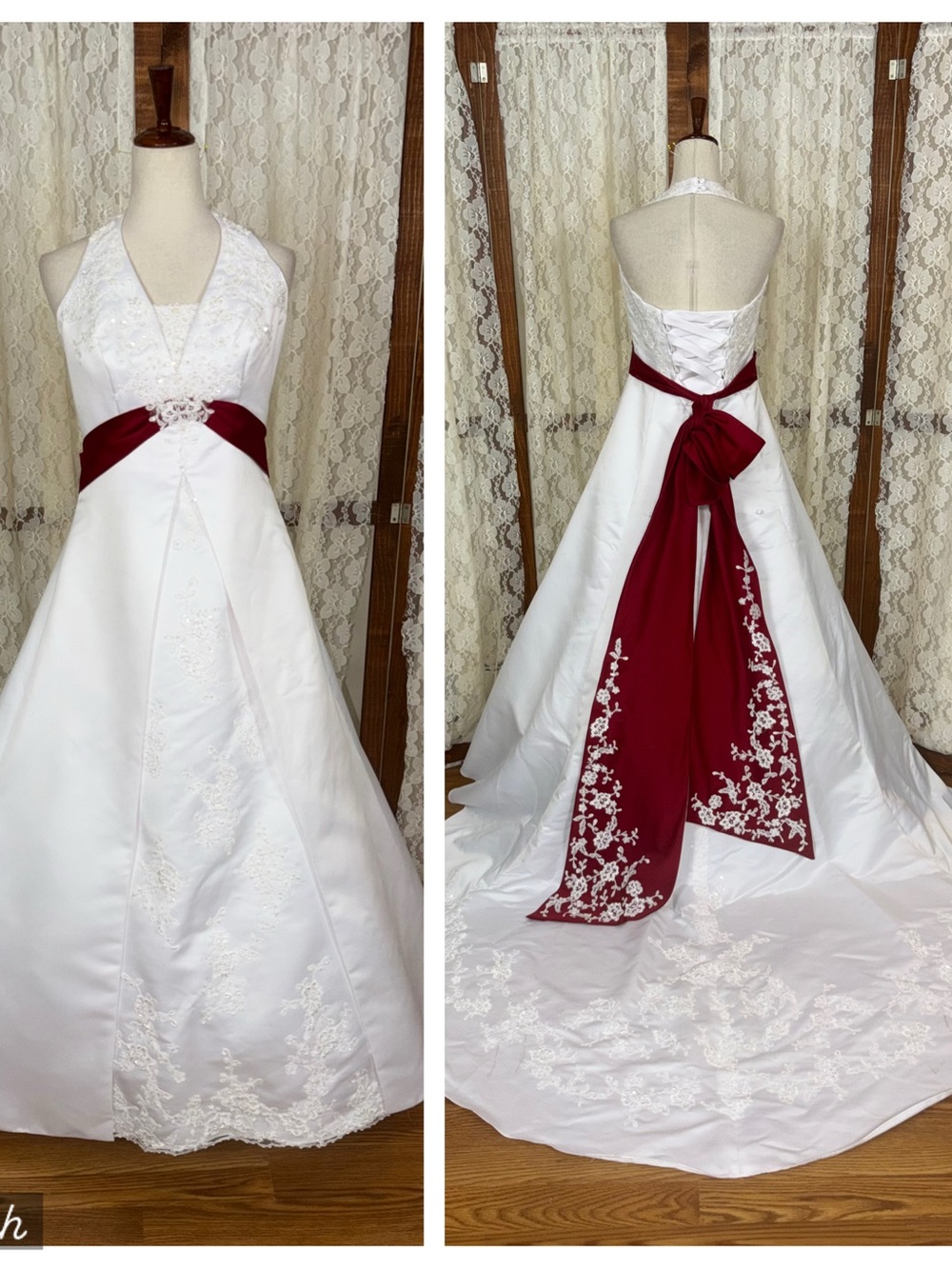 Gorgeous Vintage 90s David’s Bridal Burgundy Trim Halter Wedding Gown